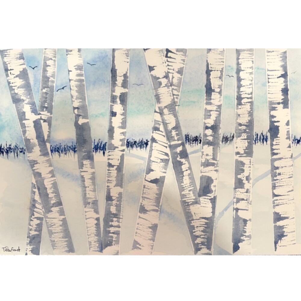 Hand painted watercolor original painting birches birds 10x7